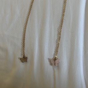 Two Gold Butterfly Necklaces Pink And Gold With Rhinestones